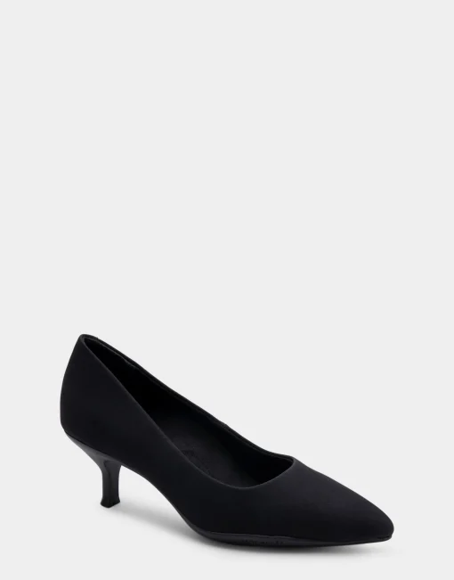 Comfortable Women's Point Toe Kitten Heel Pump in Black Stretch Gabardine Fabric