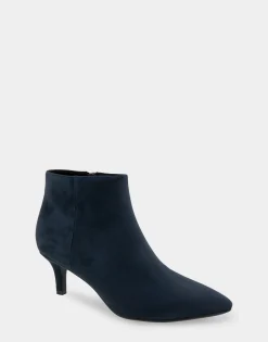 Comfortable Women's Point Toe Kitten Heel Bootie in Navy Faux Suede Faux Suede