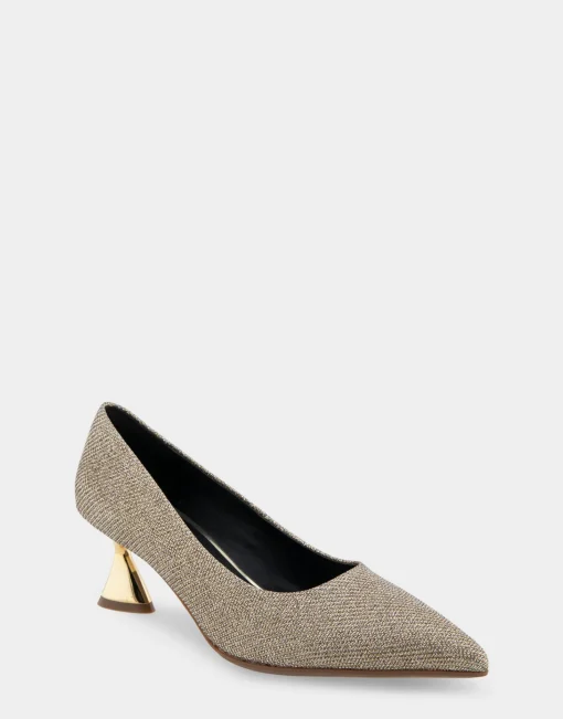Comfortable Women's Point Toe Statement Heel Pump in Soft Gold Fabric Metallic Lame Fabric
