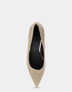 Comfortable Women's Point Toe Statement Heel Pump in Soft Gold Fabric Metallic Lame Fabric