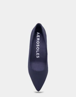 Comfortable Women's Point Toe Kitten Heel Pump in Navy Stretch Gabardine Fabric