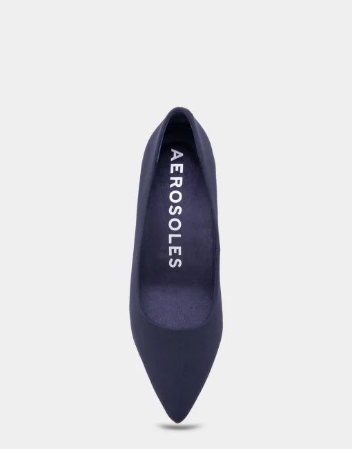 Comfortable Women's Point Toe Kitten Heel Pump in Navy Stretch Gabardine Fabric