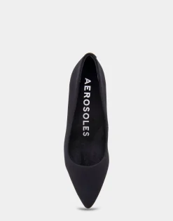 Comfortable Women's Point Toe Kitten Heel Pump in Black Stretch Gabardine Fabric