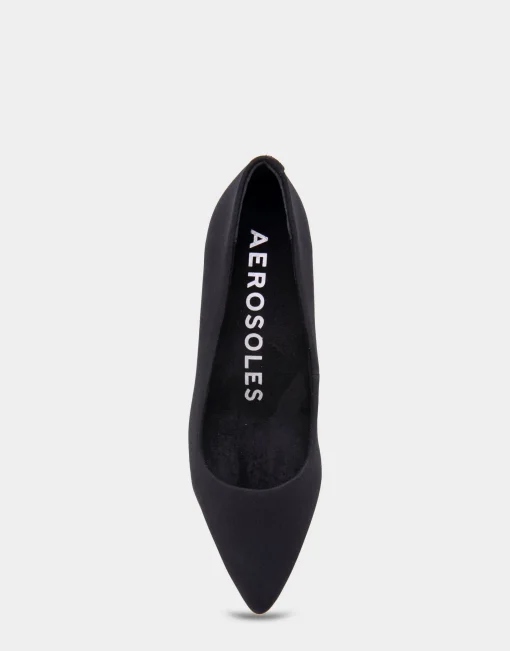 Comfortable Women's Point Toe Kitten Heel Pump in Black Stretch Gabardine Fabric