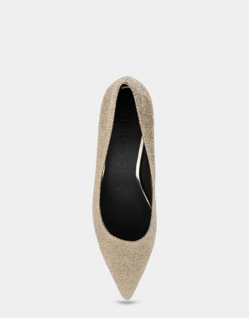 Comfortable Women's Point Toe Statement Heel Pump in Soft Gold Fabric Metallic Lame Fabric