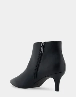 Comfortable Women's Point Toe Kitten Heel Bootie in Black Faux Leather