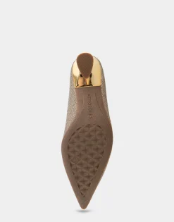 Comfortable Women's Point Toe Statement Heel Pump in Soft Gold Fabric Metallic Lame Fabric