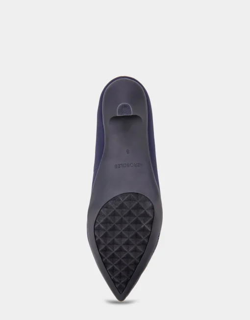 Comfortable Women's Point Toe Kitten Heel Pump in Navy Stretch Gabardine Fabric