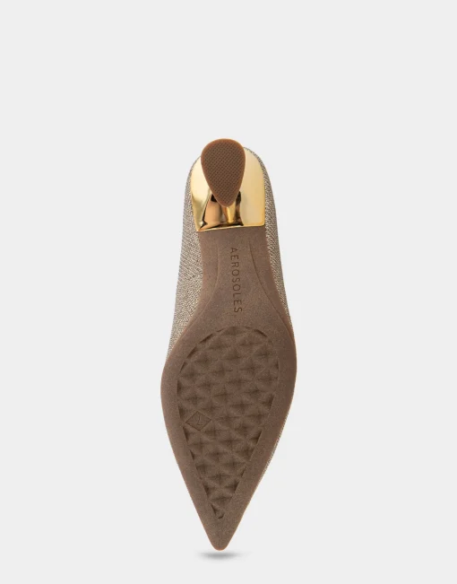 Comfortable Women's Point Toe Statement Heel Pump in Soft Gold Fabric Metallic Lame Fabric