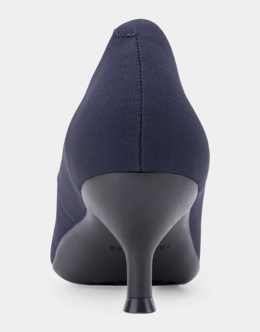 Comfortable Women's Point Toe Kitten Heel Pump in Navy Stretch Gabardine Fabric