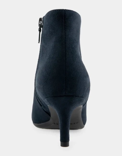 Comfortable Women's Point Toe Kitten Heel Bootie in Navy Faux Suede Faux Suede