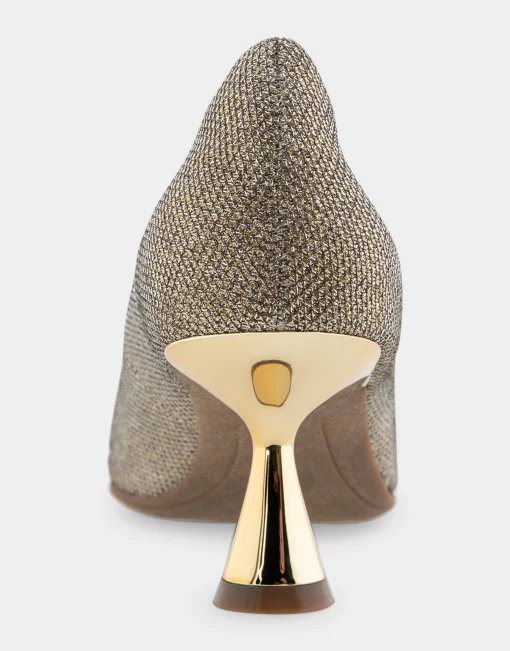 Comfortable Women's Point Toe Statement Heel Pump in Soft Gold Fabric Metallic Lame Fabric