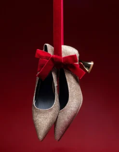 Comfortable Women's Point Toe Statement Heel Pump in Soft Gold Fabric Metallic Lame Fabric