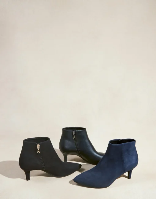 Comfortable Women's Point Toe Kitten Heel Bootie in Navy Faux Suede Faux Suede