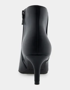 Comfortable Women's Point Toe Kitten Heel Bootie in Black Faux Leather