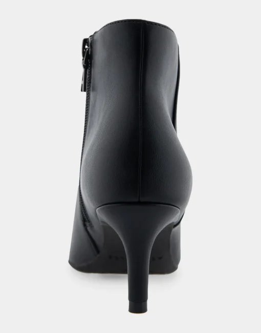 Comfortable Women's Point Toe Kitten Heel Bootie in Black Faux Leather