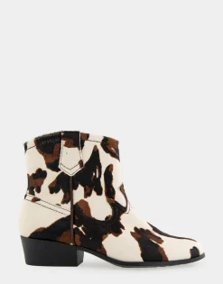 Comfortable Women's Pull On Western Bootie in Cow Print Haircalf