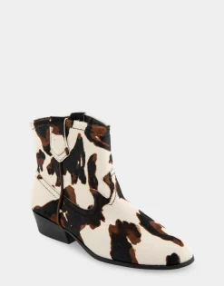 Comfortable Women's Pull On Western Bootie in Cow Print Haircalf