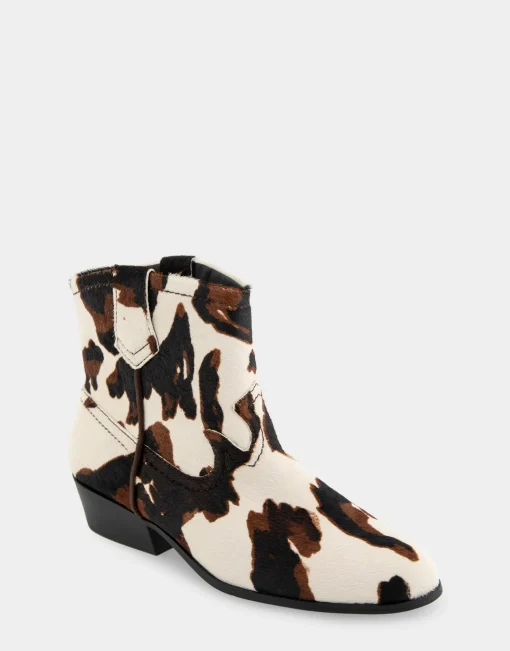 Comfortable Women's Pull On Western Bootie in Cow Print Haircalf
