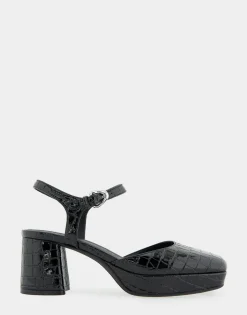 Comfortable Women's Quarter Strap Two Piece Platform Pump in Black Croco Faux Leather