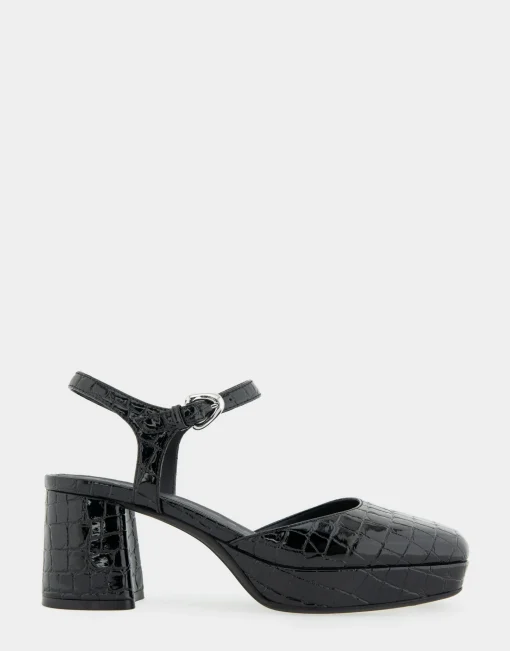 Comfortable Women's Quarter Strap Two Piece Platform Pump in Black Croco Faux Leather