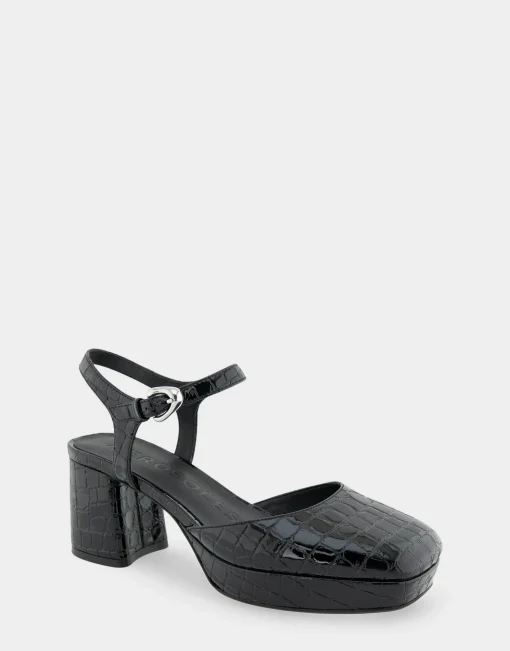 Comfortable Women's Quarter Strap Two Piece Platform Pump in Black Croco Faux Leather