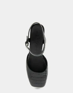Comfortable Women's Quarter Strap Two Piece Platform Pump in Black Croco Faux Leather