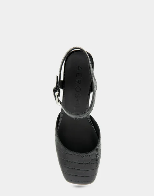 Comfortable Women's Quarter Strap Two Piece Platform Pump in Black Croco Faux Leather