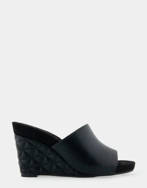 Comfortable Women's Quilted Heel Footbed Wedge Slide in Black Faux Leather