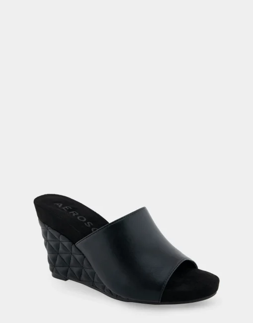 Comfortable Women's Quilted Heel Footbed Wedge Slide in Black Faux Leather