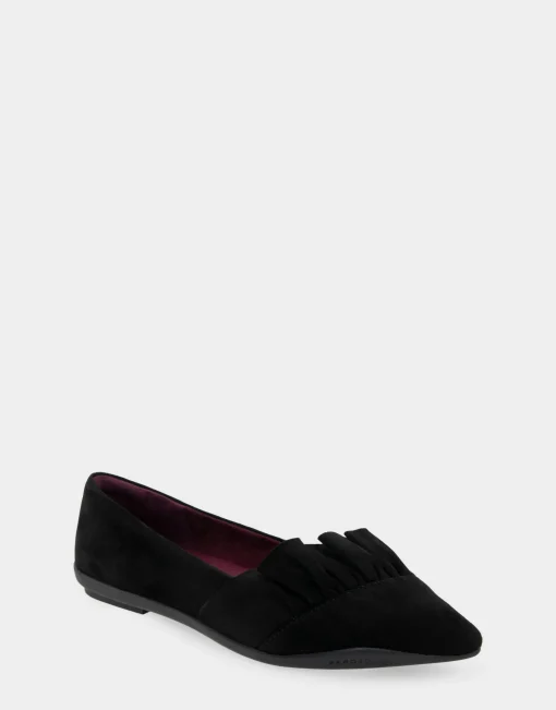 Comfortable Women's Ruffled Point Toe Flat in Black Genuine Suede