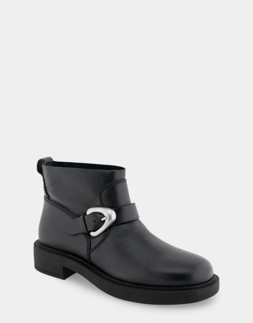 Comfortable Women's Slip On Short Engineer Bootie in Black Burnished Leather Leather