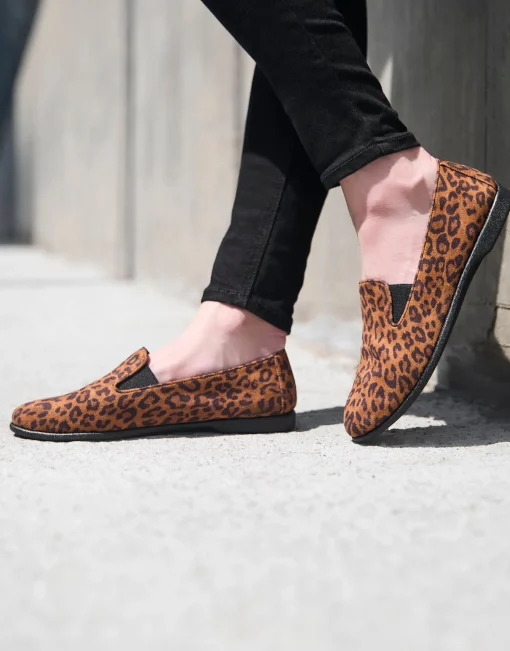Comfortable Women's Slip On Double Gore Loafer in Leopard Faux Suede Faux Suede