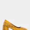 Comfortable Women's Soft Square Toe Block Heel Pump in Marigold Snake Print Leather Leather