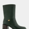 Comfortable Women's Square Toe Slip On Block Heel Mid Calf Bootie in Fir Green Leather Leather