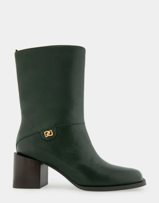 Comfortable Women's Square Toe Slip On Block Heel Mid Calf Bootie in Fir Green Leather Leather
