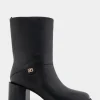 Comfortable Women's Square Toe Slip On Block Heel Mid Calf Bootie in Black Leather Leather