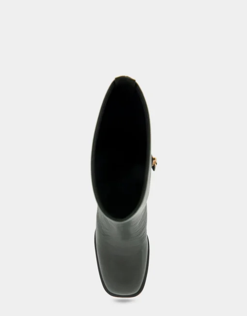 Comfortable Women's Square Toe Slip On Block Heel Mid Calf Bootie in Fir Green Leather Leather