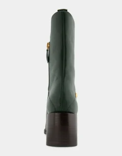 Comfortable Women's Square Toe Slip On Block Heel Mid Calf Bootie in Fir Green Leather Leather