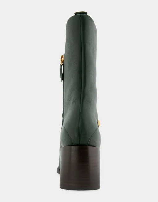 Comfortable Women's Square Toe Slip On Block Heel Mid Calf Bootie in Fir Green Leather Leather