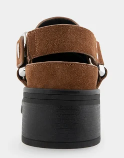 Comfortable Women's Squared Toe Harness Detail Mule in Tobacco Suede