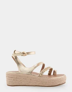 Comfortable Women's Strappy Flatform Sandal in Soft Gold Patent Faux Leather