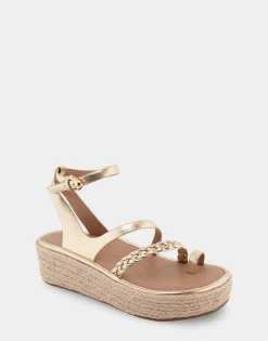 Comfortable Women's Strappy Flatform Sandal in Soft Gold Patent Faux Leather