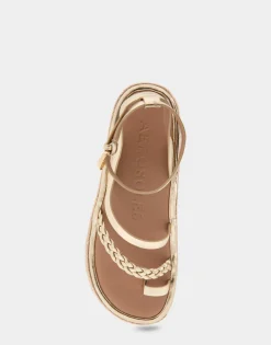 Comfortable Women's Strappy Flatform Sandal in Soft Gold Patent Faux Leather