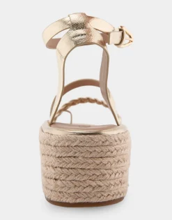 Comfortable Women's Strappy Flatform Sandal in Soft Gold Patent Faux Leather