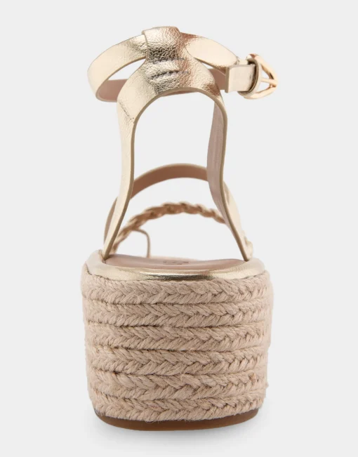 Comfortable Women's Strappy Flatform Sandal in Soft Gold Patent Faux Leather