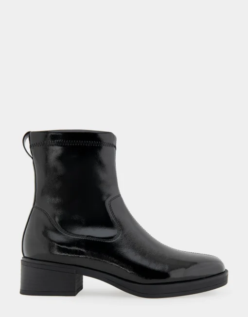 Comfortable Women's Stretch Equestrian Bootie in Black Stretch Crinkled Patent Faux Leather