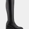 Comfortable Women's Stretch Knee High Sculpted Wedge Boot in Black Stretch Faux Leather Faux Leather