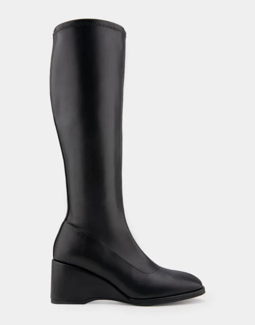 Comfortable Women's Stretch Knee High Sculpted Wedge Boot in Black Stretch Faux Leather Faux Leather