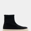 Comfortable Women's Stretch Sock Hidden Wedge Flatform Sneaker in Black Stretch Gabardine Fabric Fabric